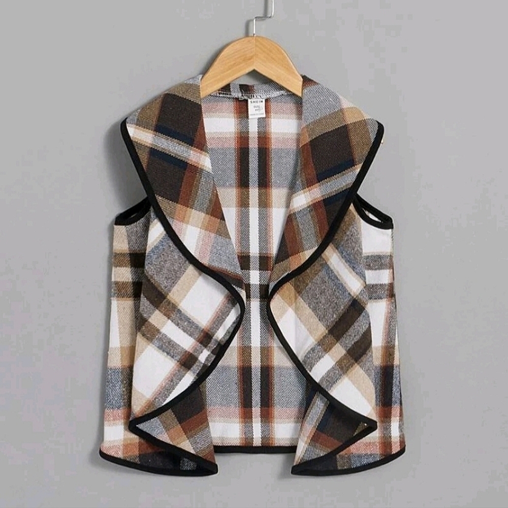 💖 Girl's Plaid Waterfall Collar Contrast Binding Vest Size 7